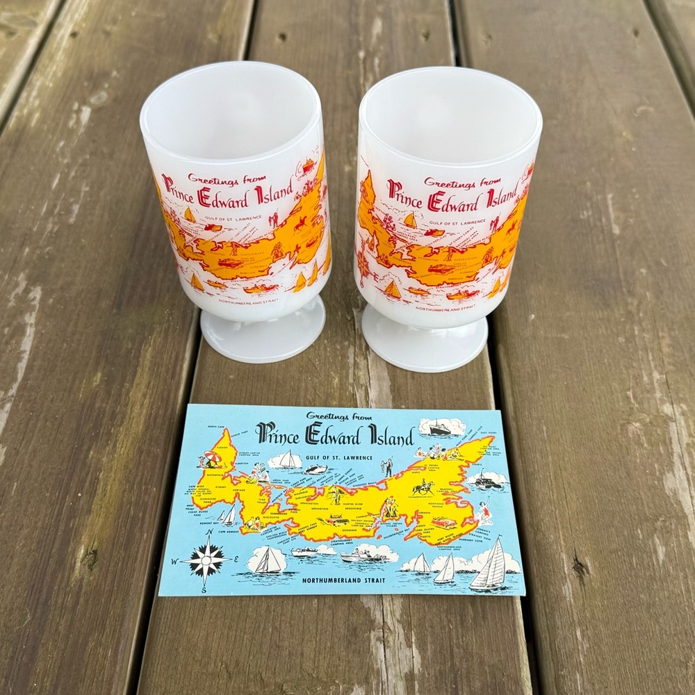 Vintage Set of 2 Greetings from PEI Map Souvenir Milk Glass Irish Coffee Mugs